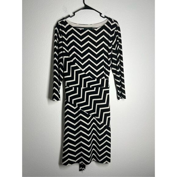 RALPH LAUREN BLACK & WHITE CHEVRON PRINT DRESS W/TIE All-Season Size 16 - Picture 1 of 12